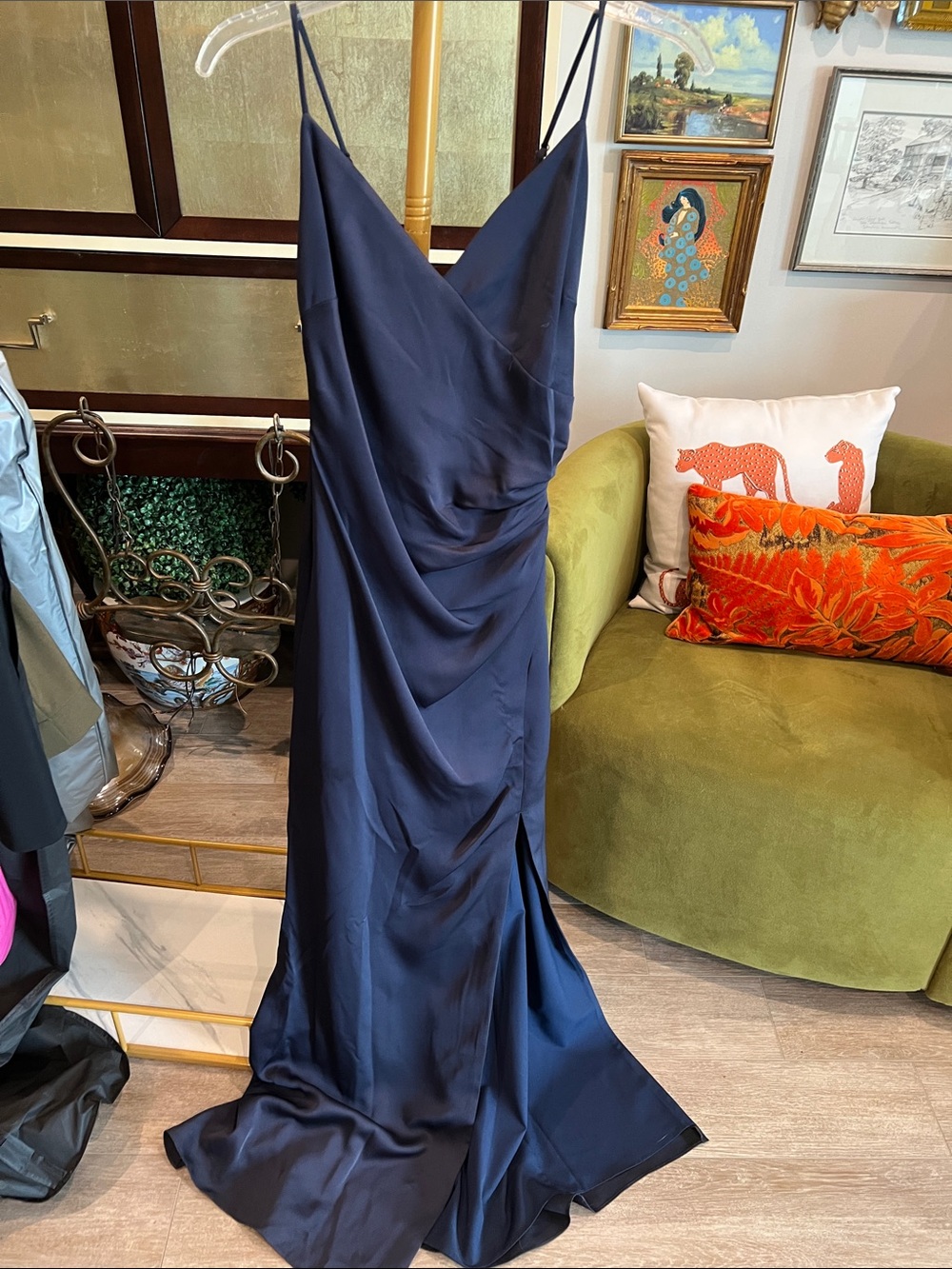 Aqua Navy Satin Spaghetti-Strap Prom Dress